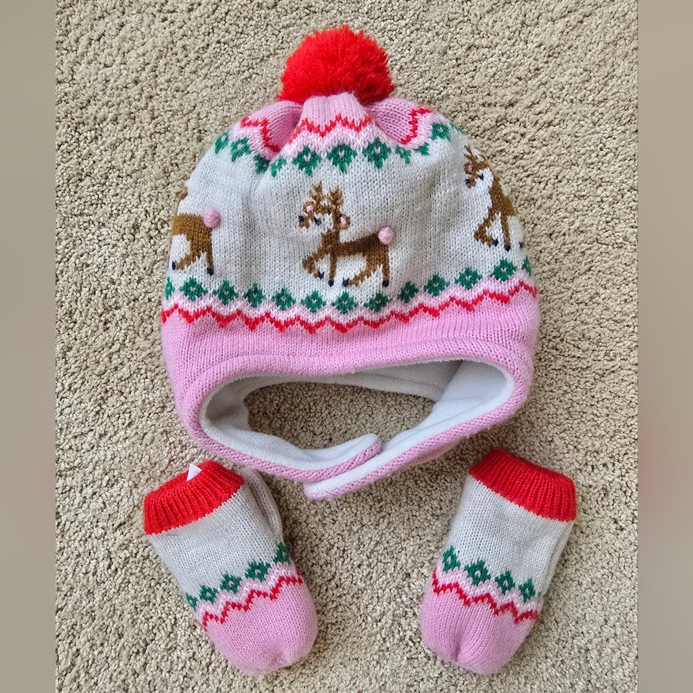 Boden Kids Reindeer Knit Hat and Mittens - Pink and Red